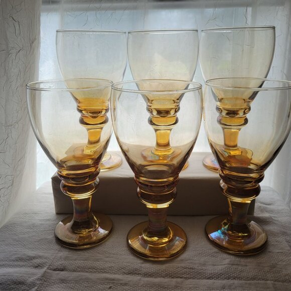 Set Of 6 Vintage Libbey Splash Amber Iridescent Glass Goblets With Ribbed Stem - Picture 1 of 8